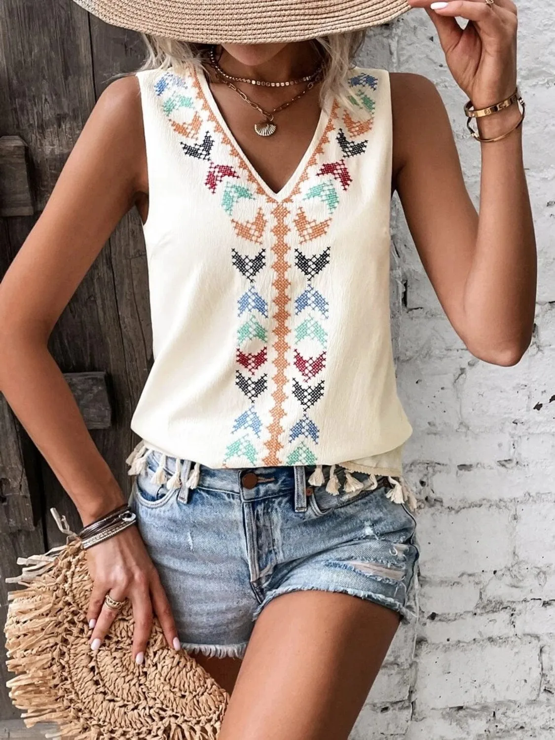 Women's Tassel-Printed V-Neck Tank Top